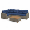 Salon de jardin extérieur 6 pièces en résine tressée grise, canapé d’angle 5 places avec coussins bleu foncé et table basse, 191 x 191 x 60 cm