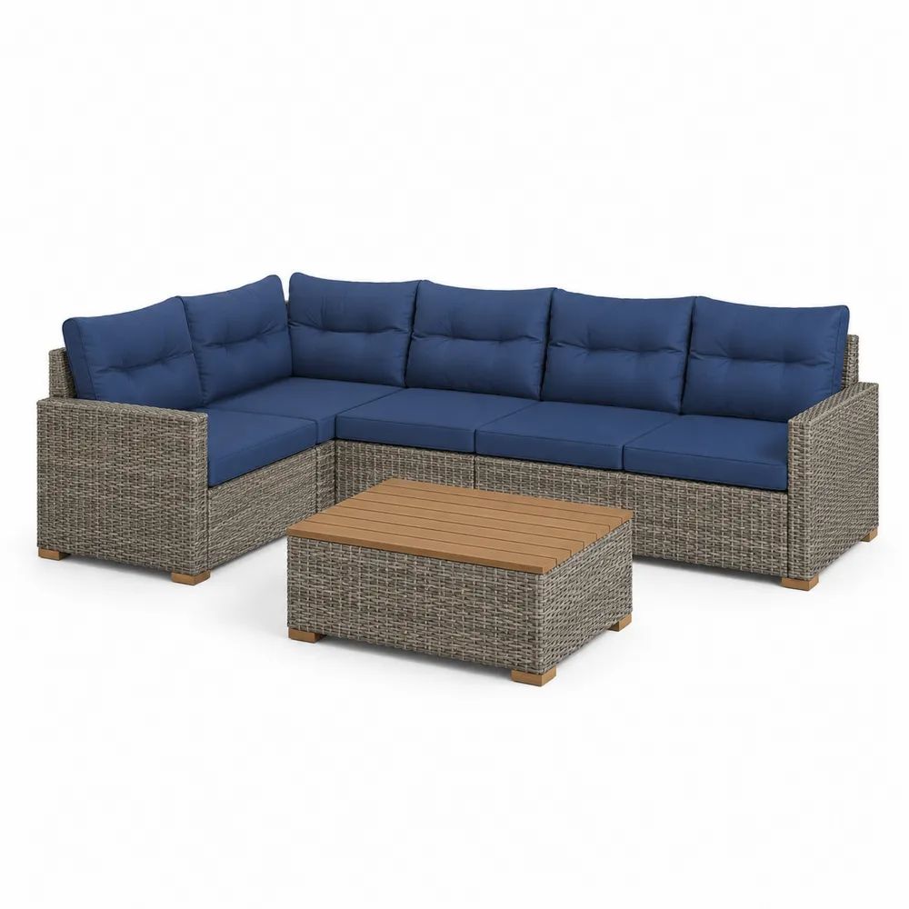 Salon de jardin extérieur 6 pièces en résine tressée grise, canapé d’angle 5 places avec coussins bleu foncé et table basse, 191 x 191 x 60 cm
