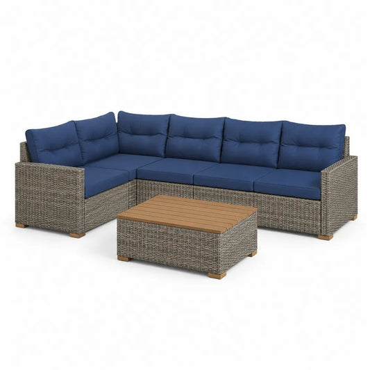 Salon de jardin extérieur 6 pièces en résine tressée grise, canapé d’angle 5 places avec coussins bleu foncé et table basse, 191 x 191 x 60 cm