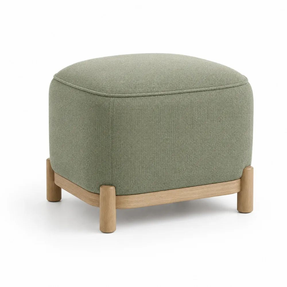 Pouf repose-pieds carré en polyester et bois d’hévéa massif, vert sauge et chêne clair, 50 × 50 × 44 cm