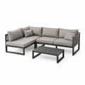 Salon de jardin d’angle extérieur 4 places, ensemble 3 pièces en aluminium, corde et tissu, gris anthracite et gris clair, 220 × 150 × 72 cm