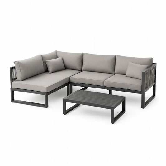 Salon de jardin d’angle extérieur 4 places, ensemble 3 pièces en aluminium, corde et tissu, gris anthracite et gris clair, 220 × 150 × 72 cm