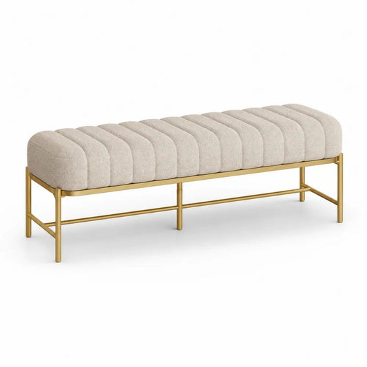 Banquette bout de lit rembourrée en polyester bouclé et acier doré, crème, 120 × 40 × 45 cm