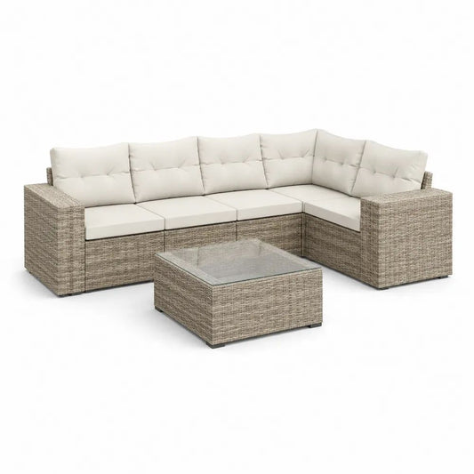 Salon de jardin d’angle 5 places en résine tressée grège et tissu écru avec table basse, 250 x 190 x 74 cm