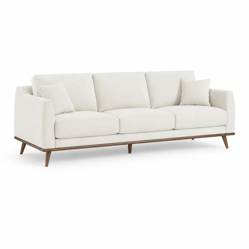 Canapé rectangulaire 3 places en polyester et bois d’hévéa massif blanc cassé et marron noyer 220 × 90 × 84 cm
