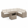 Salon de jardin d’angle modulable en résine tressée PE taupe et crème avec table réglable et pouf – 250 × 250 × 74 cm