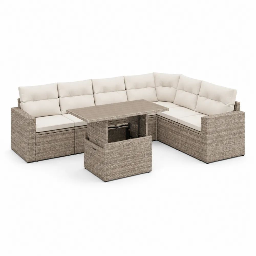Salon de jardin d’angle modulable en résine tressée PE taupe et crème avec table réglable et pouf – 250 × 250 × 74 cm