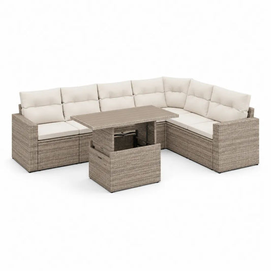 Salon de jardin d’angle modulable en résine tressée PE taupe et crème avec table réglable et pouf – 250 × 250 × 74 cm
