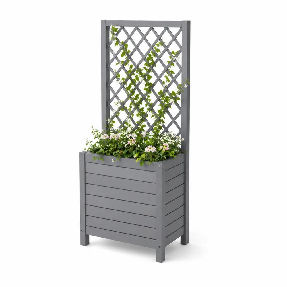 Jardinière surélevée rectangulaire avec treillis en bois de sapin massif gris, 64,5 x 28 x 142 cm