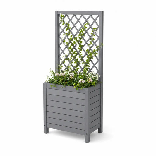 Jardinière surélevée rectangulaire avec treillis en bois de sapin massif gris, 64,5 x 28 x 142 cm