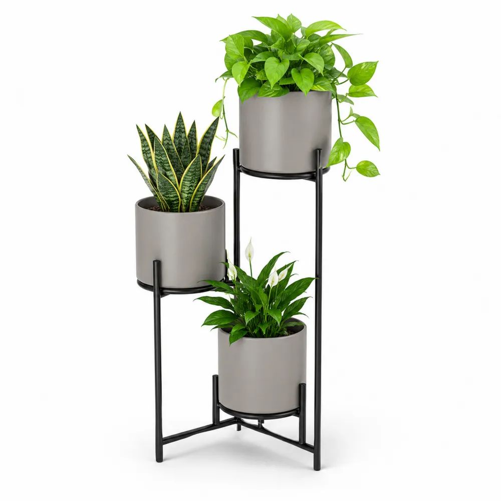 Porte-plantes à 3 niveaux en métal avec 3 pots cylindriques en céramique gris et noir, 45 × 30 × 90 cm, pots Ø 22 × H 21 cm