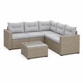Salon de jardin d’angle extérieur 5 places en résine tressée beige avec coussins gris clair et table basse, 218 × 218 × 74 cm