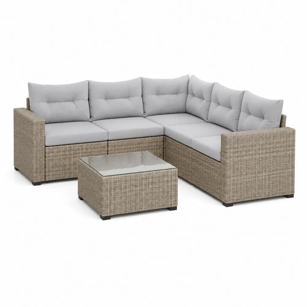 Salon de jardin d’angle extérieur 5 places en résine tressée beige avec coussins gris clair et table basse, 218 × 218 × 74 cm