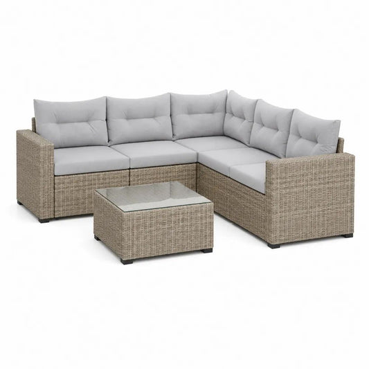 Salon de jardin d’angle extérieur 5 places en résine tressée beige avec coussins gris clair et table basse, 218 × 218 × 74 cm