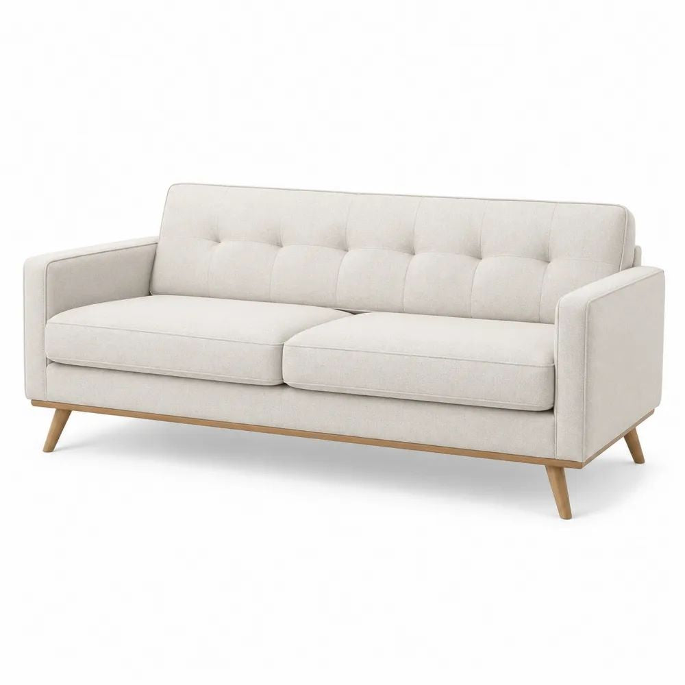 Canapé 3 places en tissu beige clair avec dossier capitonné et pieds en bois massif, 190 × 82 × 83 cm
