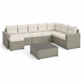 Salon de jardin modulable 8 pièces, canapé d’angle 7 places en résine tressée grise avec coussins beiges et table basse, 290 × 220 × 72 cm