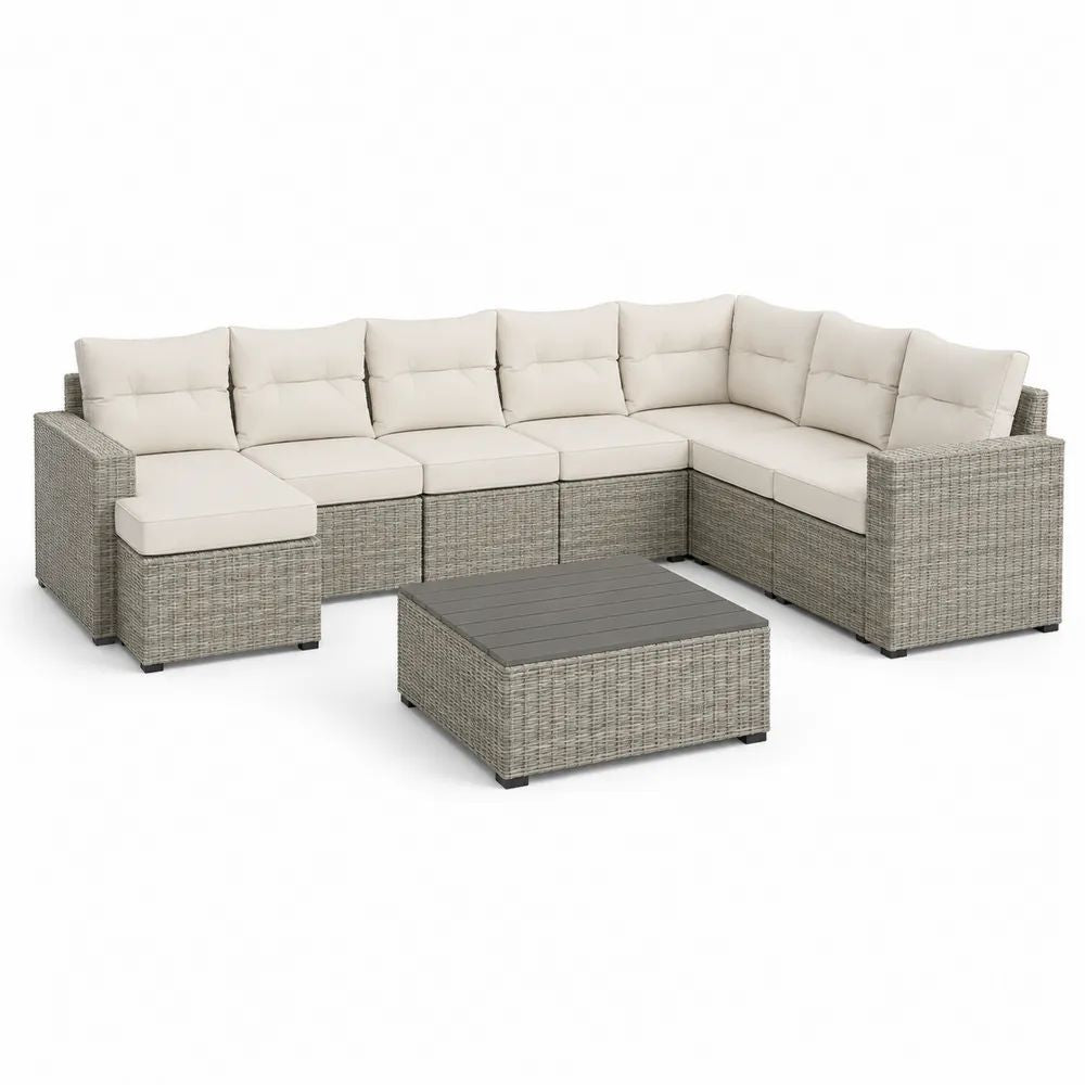 Salon de jardin modulable 8 pièces, canapé d’angle 7 places en résine tressée grise avec coussins beiges et table basse, 290 × 220 × 72 cm