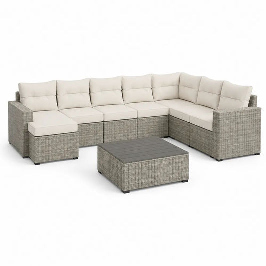 Salon de jardin modulable 8 pièces, canapé d’angle 7 places en résine tressée grise avec coussins beiges et table basse, 290 × 220 × 72 cm