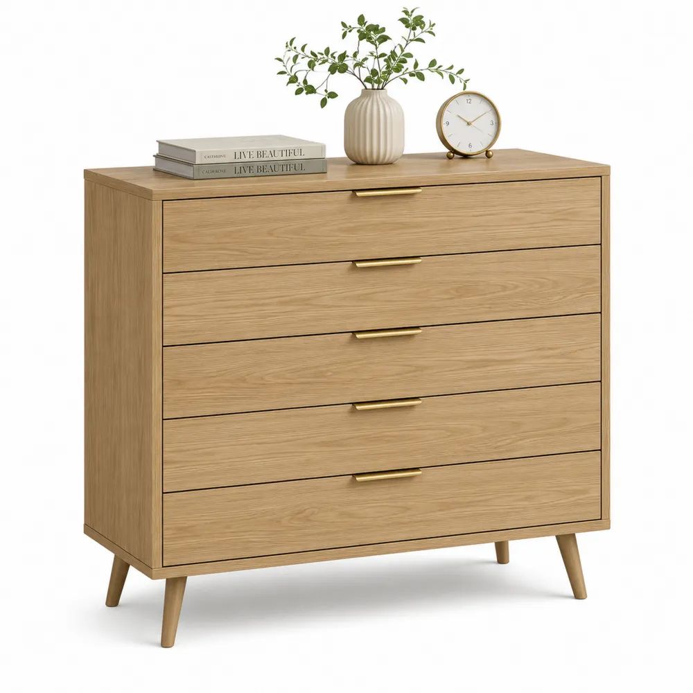 Commode à 5 tiroirs en panneaux de particules mélaminés, chêne naturel et doré, 100 × 40 × 100 cm