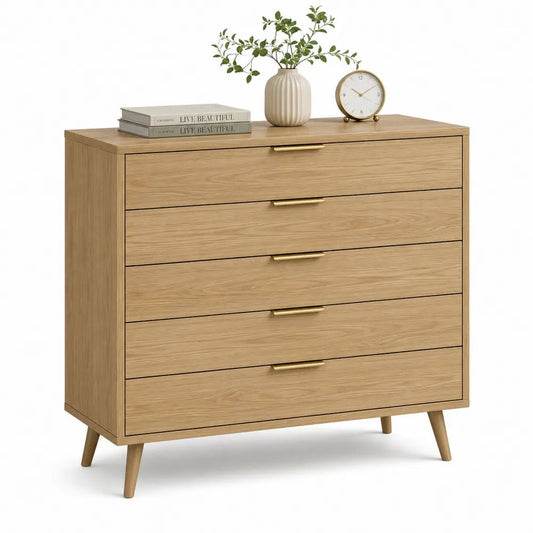 Commode à 5 tiroirs en panneaux de particules mélaminés, chêne naturel et doré, 100 × 40 × 100 cm