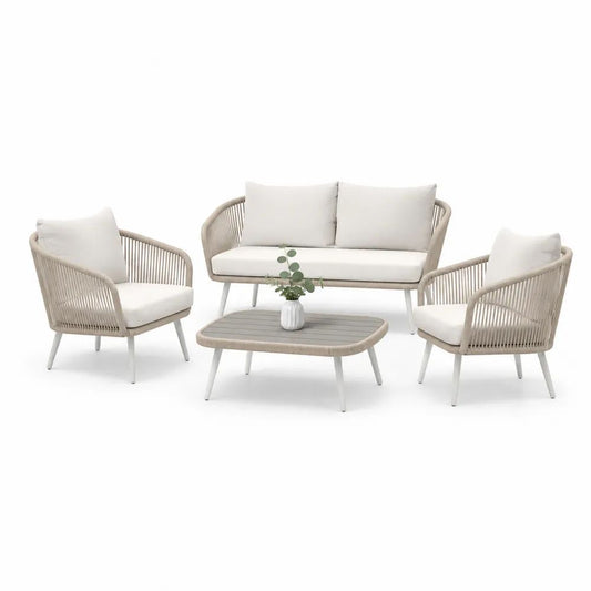 Salon de jardin extérieur 4 pièces en aluminium et corde PP beige, blanc cassé, gris et blanc – canapé 133 × 75 × 78 cm, fauteuils 73 × 75 × 78 cm, table 100 × 55 × 42 cm