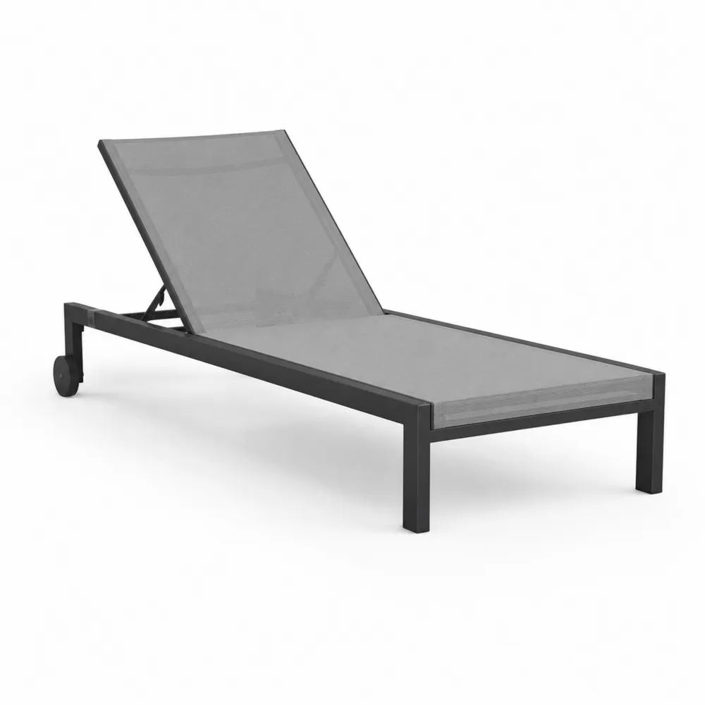 Bain de soleil réglable en aluminium et textilène gris clair et noir, 190 × 60 × 30 cm, avec roulettes