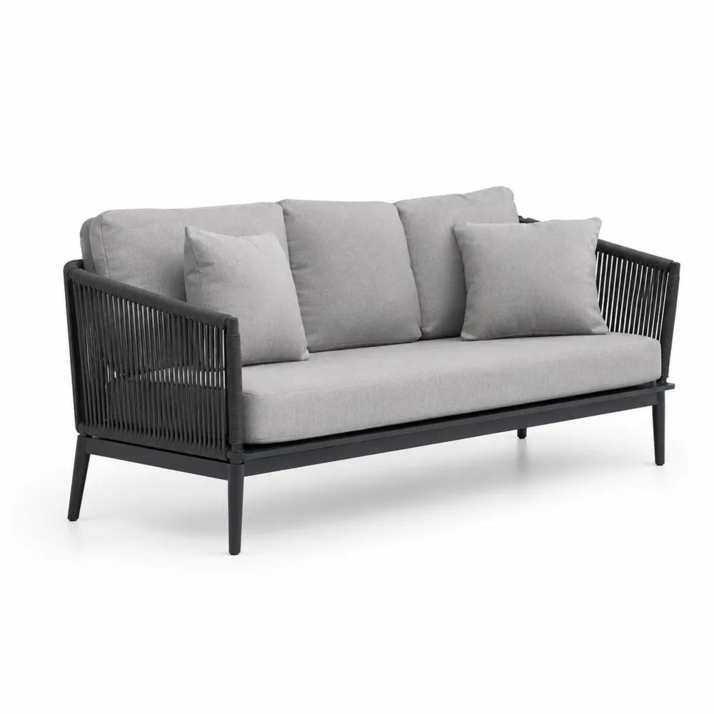 Canapé de jardin extérieur 3 places en acier et corde plastique gris graphite avec coussins gris clair, 195 x 80 x 78 cm