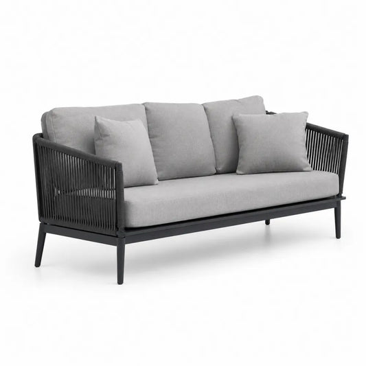 Canapé de jardin extérieur 3 places en acier et corde plastique gris graphite avec coussins gris clair, 195 x 80 x 78 cm
