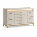 Commode basse rectangulaire à 8 tiroirs avec éclairage LED, en MDF blanc cassé et métal doré, 140 × 40 × 85 cm