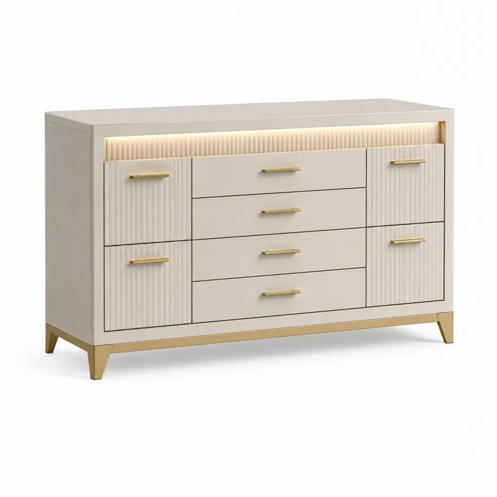 Commode basse rectangulaire à 8 tiroirs avec éclairage LED, en MDF blanc cassé et métal doré, 140 × 40 × 85 cm