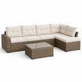 Salon de jardin extérieur 4 places en résine tressée marron avec canapé d’angle 255 × 180 × 80 cm, table basse 72 × 42 × 35 cm et coussins crème
