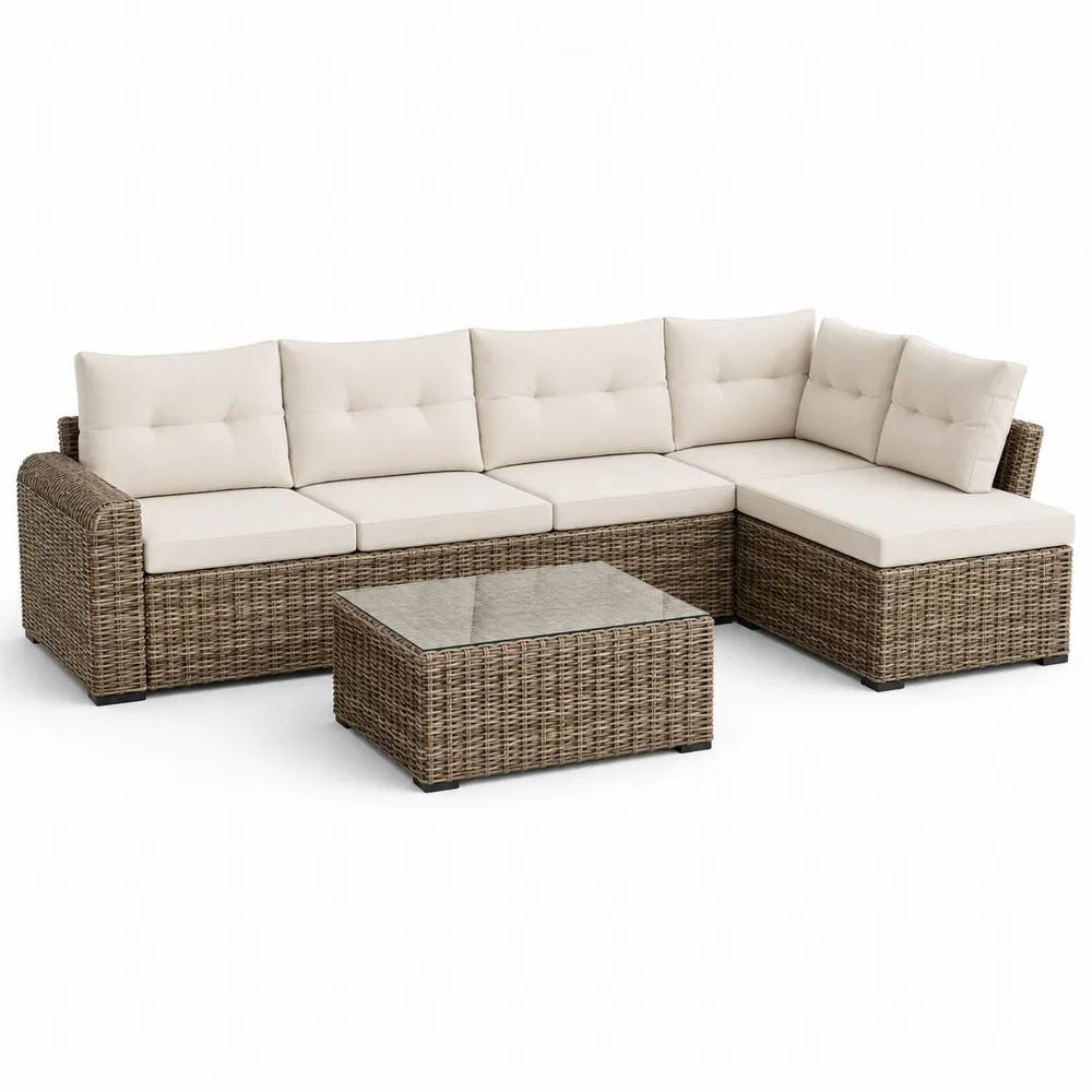 Salon de jardin extérieur 4 places en résine tressée marron avec canapé d’angle 255 × 180 × 80 cm, table basse 72 × 42 × 35 cm et coussins crème