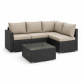 Salon de jardin extérieur d’angle 4 places, ensemble 3 pièces en résine tressée noire avec coussins en tissu beige, canapé 190 × 190 × 64 cm et table en verre 64 × 64 × 35 cm