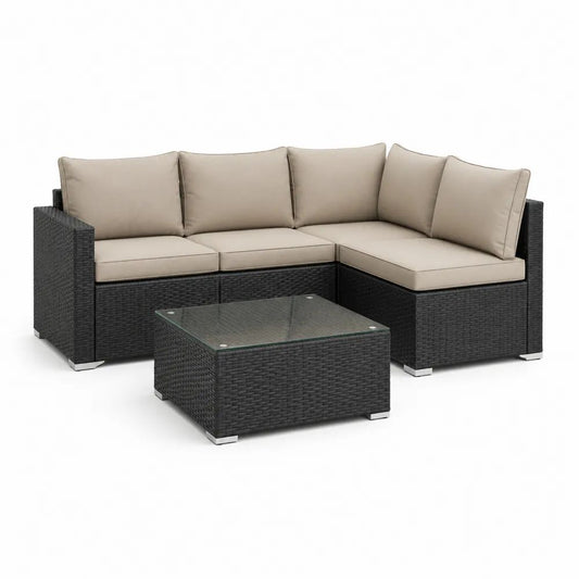 Salon de jardin extérieur d’angle 4 places, ensemble 3 pièces en résine tressée noire avec coussins en tissu beige, canapé 190 × 190 × 64 cm et table en verre 64 × 64 × 35 cm