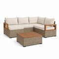 Ensemble de jardin 4 pièces avec canapé d’angle 5 places et table basse, résine tressée, métal et bois, beige, taupe et marron, 228 × 160 × 78 cm