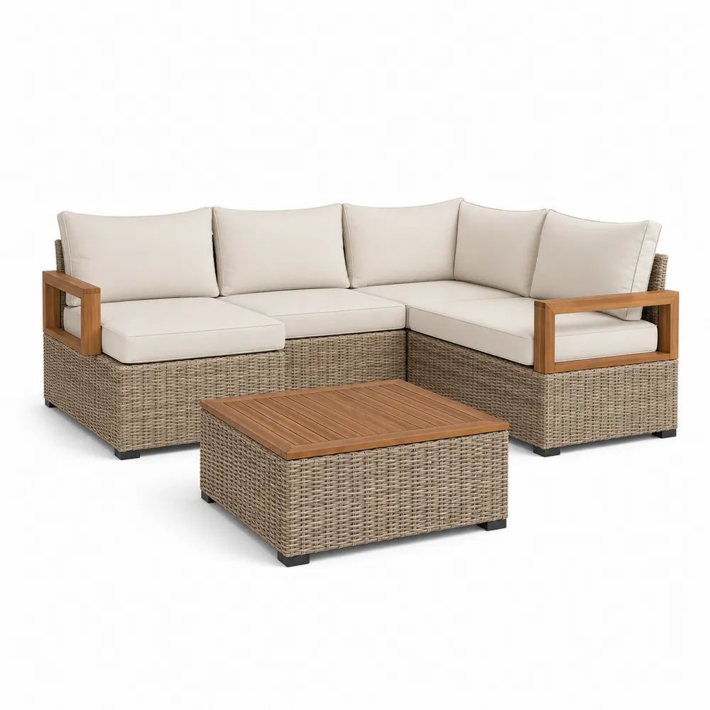 Ensemble de jardin 4 pièces avec canapé d’angle 5 places et table basse, résine tressée, métal et bois, beige, taupe et marron, 228 × 160 × 78 cm