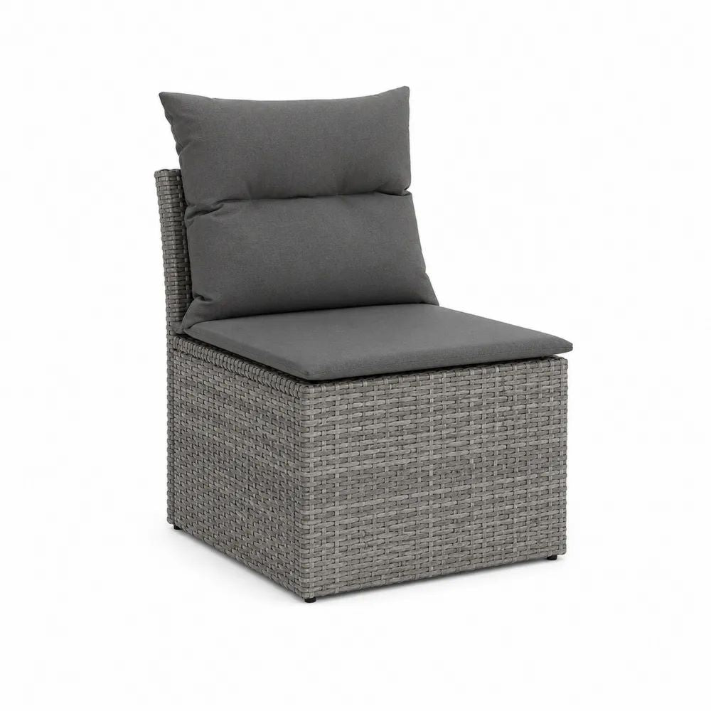Fauteuil de jardin sans accoudoirs en résine tressée grise avec 3 coussins gris foncé, 65 × 75 × 88 cm