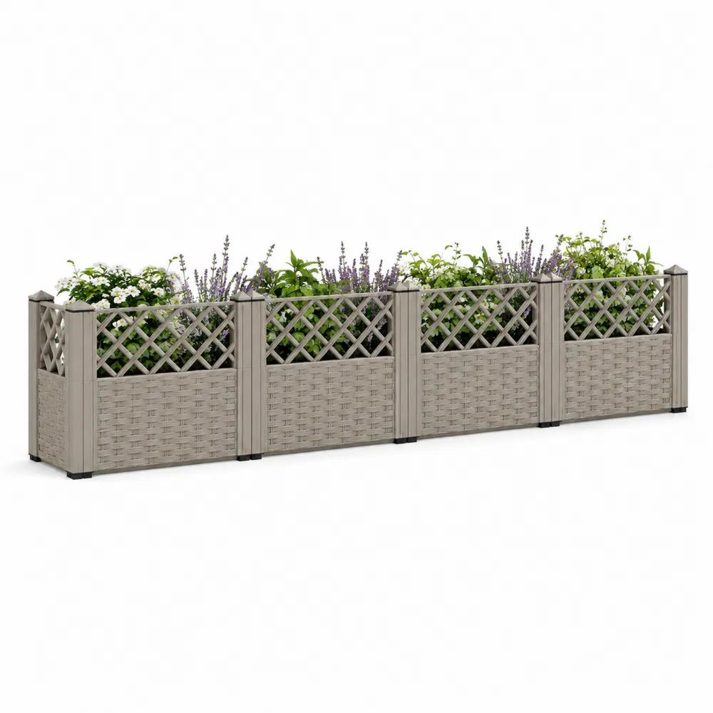 Jardinière surélevée avec treillis, 4 bacs en polypropylène gris et noir, 320 × 40 × 120 cm