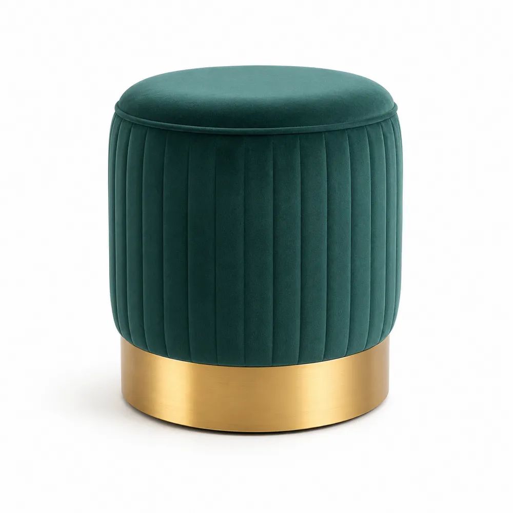 Pouf coffre de rangement rond en velours polyester vert foncé avec base en acier doré, 40 × 43 cm