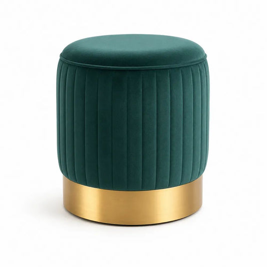 Pouf coffre de rangement rond en velours polyester vert foncé avec base en acier doré, 40 × 43 cm