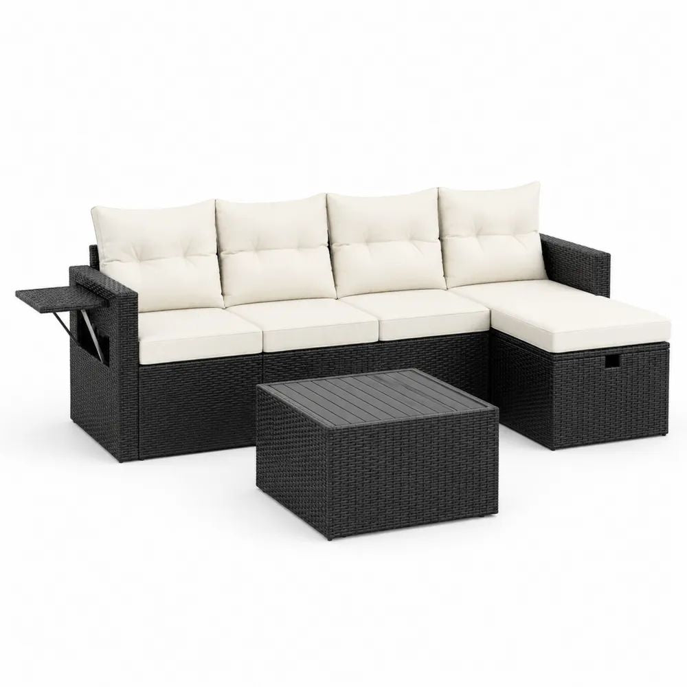 Salon de jardin d’angle 4 places en résine tressée noire avec méridienne coffre et table basse, 218 × 140 × 85 cm