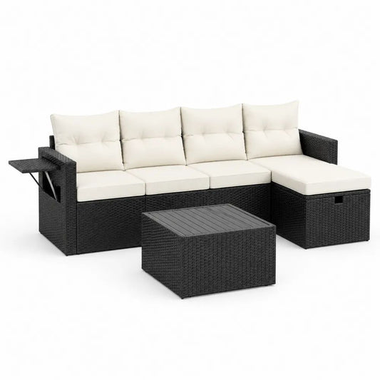 Salon de jardin d’angle 4 places en résine tressée noire avec méridienne coffre et table basse, 218 × 140 × 85 cm