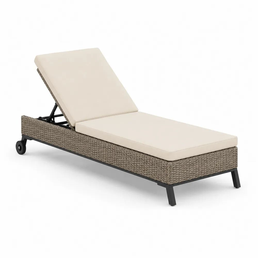 Bain de soleil réglable avec roulettes en résine tressée taupe et coussins beiges, 200 x 65 x 35 cm