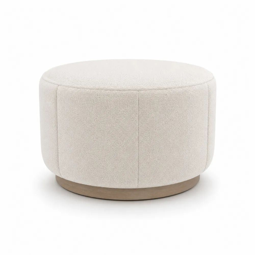 Repose-pieds rond rembourré en tissu blanc cassé avec socle en bois clair, Ø 60 x H 40 cm