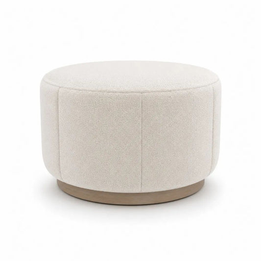 Repose-pieds rond rembourré en tissu blanc cassé avec socle en bois clair, Ø 60 x H 40 cm