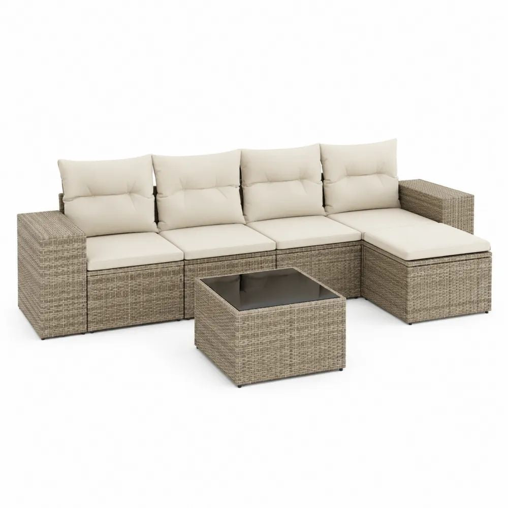 Salon de jardin extérieur 5 pièces, canapé d’angle 4 places en résine tressée taupe avec coussins crème, 276 × 145 × 84 cm, table basse 70 × 70 × 35 cm
