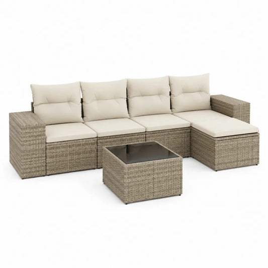 Salon de jardin extérieur 5 pièces, canapé d’angle 4 places en résine tressée taupe avec coussins crème, 276 × 145 × 84 cm, table basse 70 × 70 × 35 cm