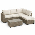 Ensemble salon de jardin d’angle 4 places avec table basse en polyéthylène tressé, acier et polyester, taupe et beige, 240 x 180 x 74 cm