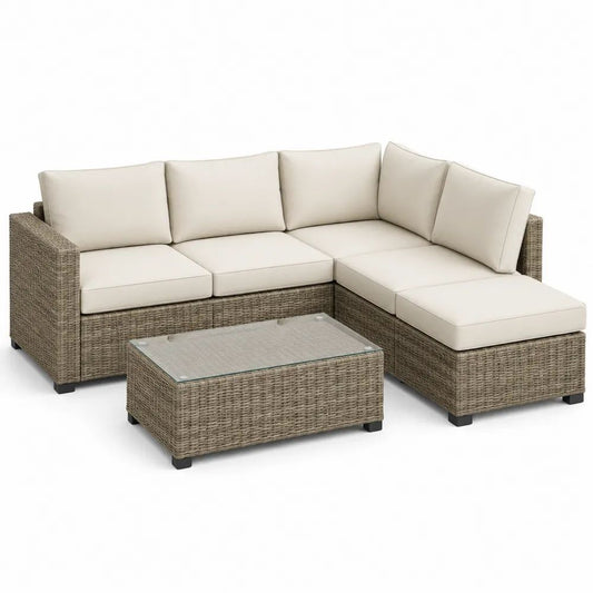 Ensemble salon de jardin d’angle 4 places avec table basse en polyéthylène tressé, acier et polyester, taupe et beige, 240 x 180 x 74 cm