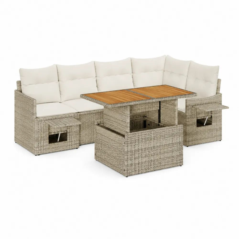 Salon de jardin d’angle 8 places en résine tressée beige grisé, coussins crème, table relevable à plateau marron et 2 tabourets, canapé 237 × 237 × 74 cm, table 120 × 70 × 45–68 cm